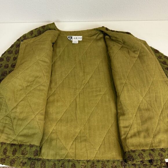 Vintage 90s Arise Green Silk Blend Woven Quilted Interior Wrap Jacket S - Picture 9 of 12